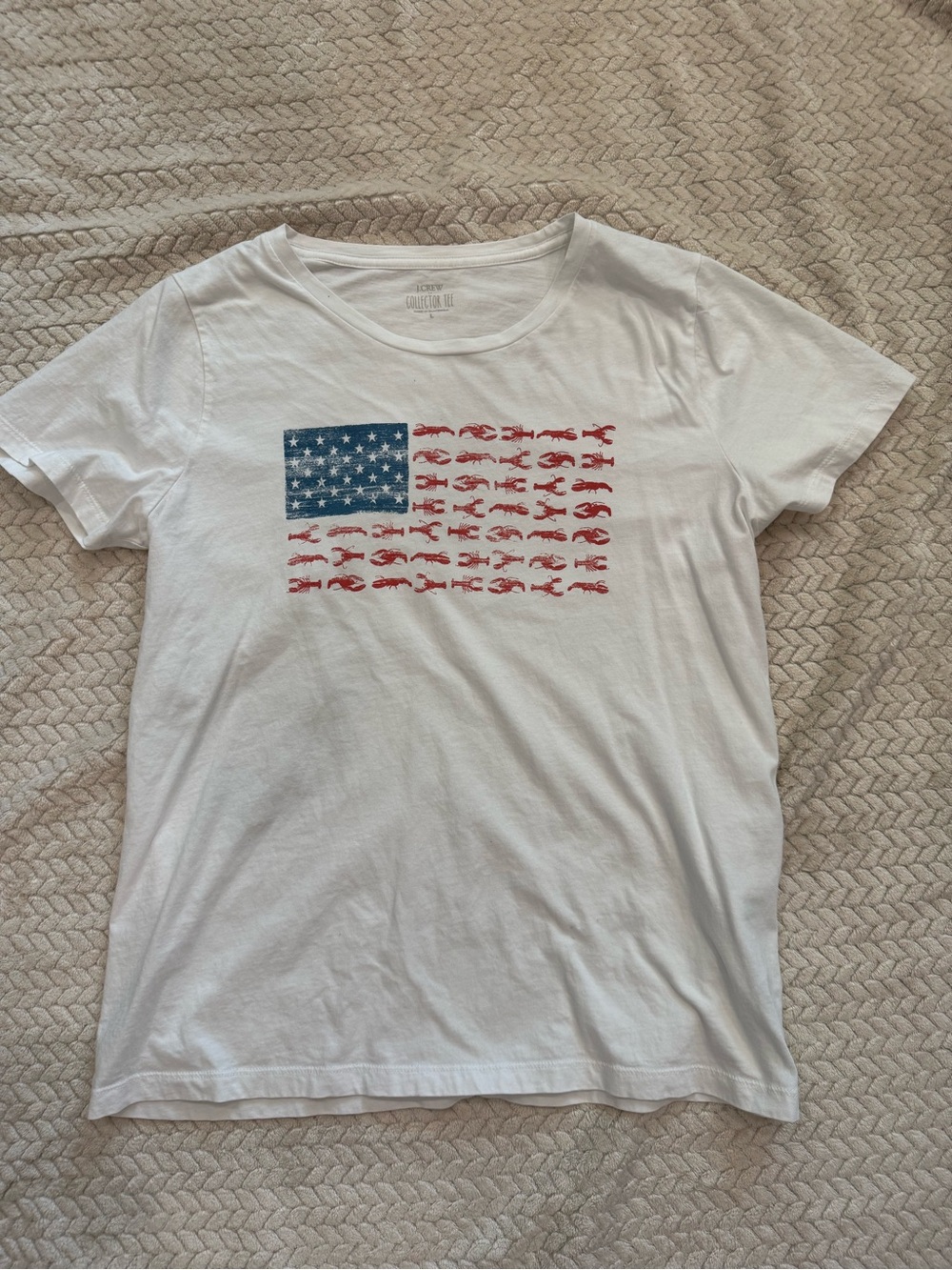 J. Crew White Short Sleeve Tee with Blue Star Panel and Red Fish Flag Graphic